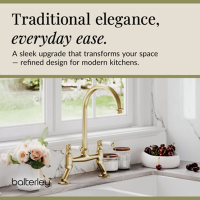 Norbury Traditional Bridge Mixer Kitchen Tap with Lever Handles - Brushed Brass