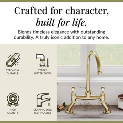 Norbury Traditional Bridge Mixer Kitchen Tap with Lever Handles - Brushed Brass