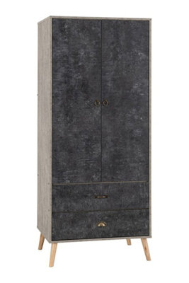 Nordic 2 Door 2 Drawer Wardrobe in Grey and Charcoal Concrete Finish