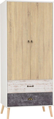 Nordic 2 Door 2 Drawer Wardrobe in White Distressed Effect