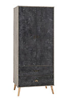 Nordic 2 Door 2 Drawer Wardrobe - L55.5 x W76.5 x H182.5 cm - Concrete Effect/Charcoal