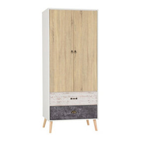 Nordic 2 Door 2 Drawer Wardrobe - L55.5 x W76.5 x H182.5 cm - White/Distressed Effect