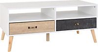 Nordic 2 Drawer Coffee Table - L55 x W110 x H49 cm - White/Distressed Effect
