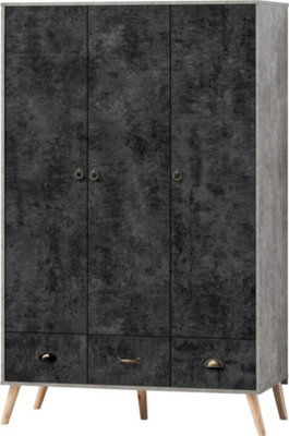 Nordic 3 Door 3 Drawer Wardrobe Concrete Effect Charcoal