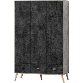 Nordic 3 Door 3 Drawer Wardrobe Concrete Effect Charcoal
