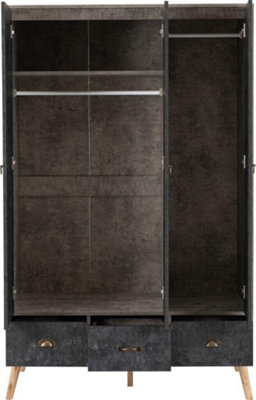 Nordic 3 Door 3 Drawer Wardrobe Concrete Effect Charcoal