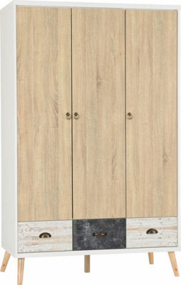 Nordic 3 Door 3 Drawer Wardrobe in White Distressed Effect