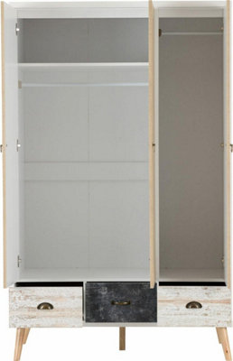 Nordic 3 Door 3 Drawer Wardrobe in White Distressed Effect