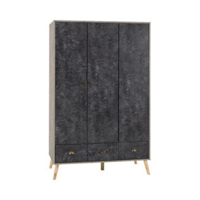 Nordic 3 Door 3 Drawer Wardrobe - L55.5 x W113 x H179.5 cm - Concrete Effect/Charcoal