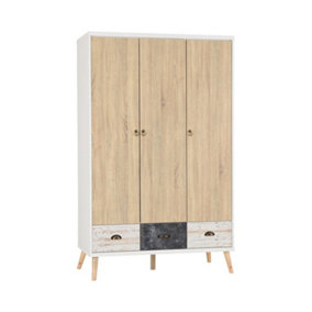 Nordic 3 Door 3 Drawer Wardrobe - L55.5 x W113 x H182.5 cm - White/Distressed Effect