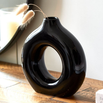 Nordic Ceramic Donut Vase - 18cm - Black - 3
