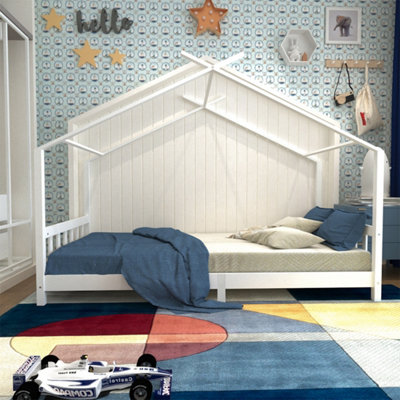 Nordic Pine Wood House Children Toddler Bed Frame with Roof W 2060mm