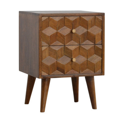 Nordic Style 2 Drawers Chestnut Cube Carved Bedside