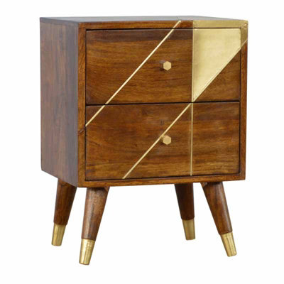 Nordic Style Bedside with Detailing - Mango Wood - L35 x H57 x W42 cm - Gold