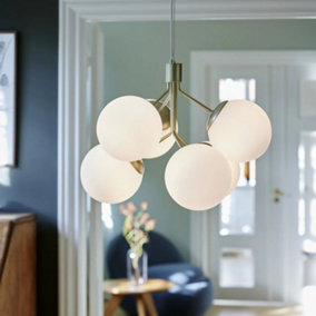 Nordlux Ivona 6-Spot Indoor Living Dining Glass Pendant Ceiling Light in Brass (Diam) 20cm