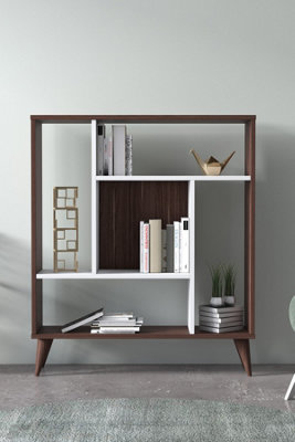 Norm Bookcase with 5 Compartments Display Unit, 90 x 25 x 105 cm Free Standing Shelves, Bookshelf, Open Cabinet, Walnut