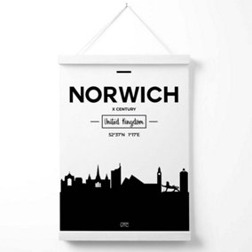 Norwich Black and White City Skyline Poster with Hanger / 33cm / White