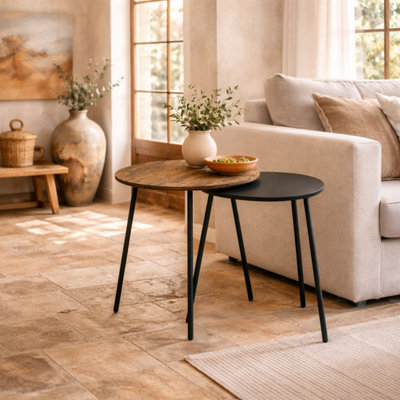 Nosaha Rustic Brown Set of 2 Nesting Side Tables - Round and Triangle.