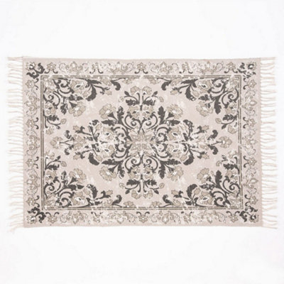 Nostell Botanical Grey Antique Printed Rug with Tassel 230 x 160cm