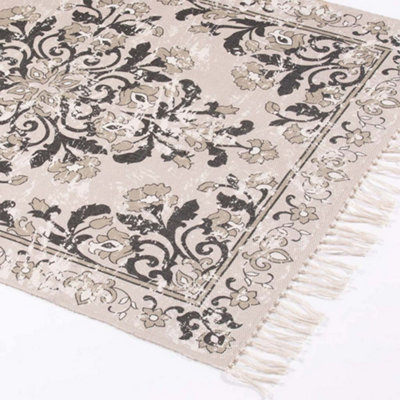 Nostell Botanical Grey Antique Printed Rug with Tassel 230 x 160cm