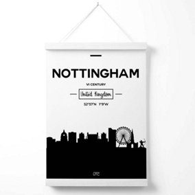 Nottingham Black and White City Skyline Poster with Hanger / 33cm / White