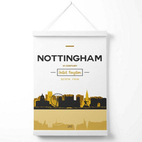 Nottingham Yellow and Black City Skyline Poster with Hanger / 33cm / White