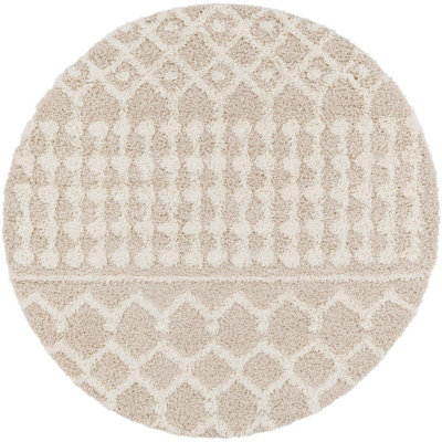 NOUR Round Shaggy Geometric Plush Pile Cream Beige Area Rug 160 x 160 cm
