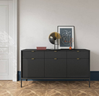 Nova Large Sideboard Cabinet in Black Matt - Modern and Elegant Storage Unit with Drawers and Shelves (W1540mm x H830mm x D390mm)