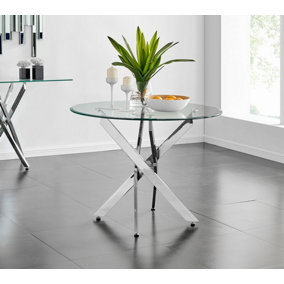Novara 100cm 2 4 Seater Round Glass Dining Table with Silver Chrome Metal Angled Starburst Legs for Modern Dining Room