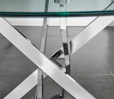Novara 100cm 2 4 Seater Round Glass Dining Table with Silver Chrome Metal Angled Starburst Legs for Modern Dining Room