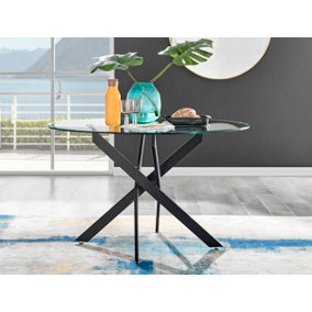 Novara 120cm 4 6 Seater Round Glass Dining Table with Black Metal Starburst Legs for Modern Industrial Minimalist Dining Room
