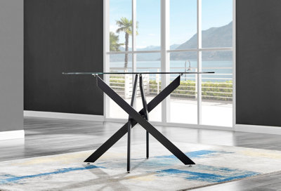 Novara 120cm 4 6 Seater Round Glass Dining Table with Black Metal Starburst Legs for Modern Industrial Minimalist Dining Room