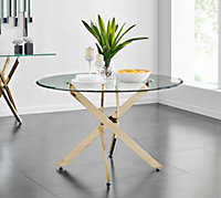 Novara 120cm 4 6 Seater Round Glass Dining Table with Gold Chrome Metal Starburst Legs for Modern Glam Minimalist Dining Room
