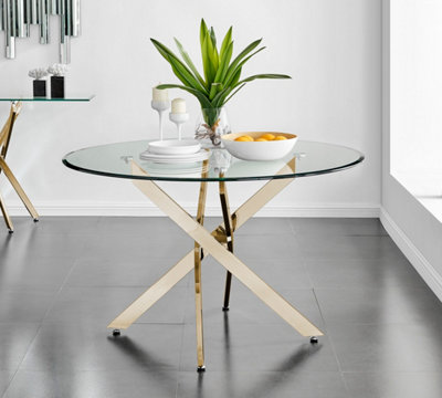 Novara 120cm 4 6 Seater Round Glass Dining Table with Gold Chrome Metal Starburst Legs for Modern Glam Minimalist Dining Room