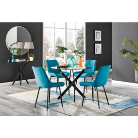 Novara Black Leg Round Glass Dining Table & 4 Blue Pesaro Black Leg Chairs