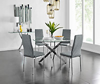 Novara Chrome Metal And Glass Large Round Dining Table And 4 Grey Milan Chairs Set