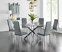 Novara Chrome Metal And Glass Large Round Dining Table And 6 Grey Milan Chairs Set