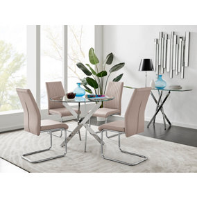 Novara Chrome Metal Round Glass Dining Table And 4 Cappuccino Grey Lorenzo Dining Chairs