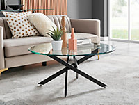 Novara Round Glass Coffee Table with Angled Starburst Black Metal Legs for Modern Industrial Minimalist Living Room