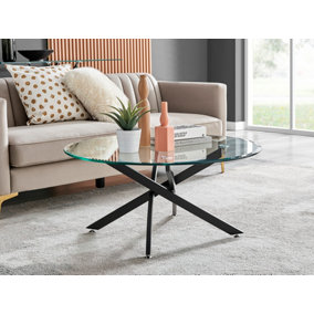 Novara Round Glass Coffee Table with Angled Starburst Black Metal Legs for Modern Industrial Minimalist Living Room