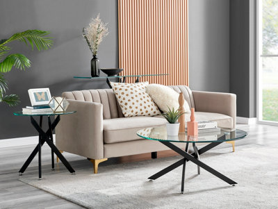 Novara Round Glass Coffee Table with Angled Starburst Black Metal Legs for Modern Industrial Minimalist Living Room