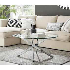 Novara Round Glass Coffee Table with Angled Starburst Silver Chrome Metal Legs for Modern Glam Minimalist Living Room