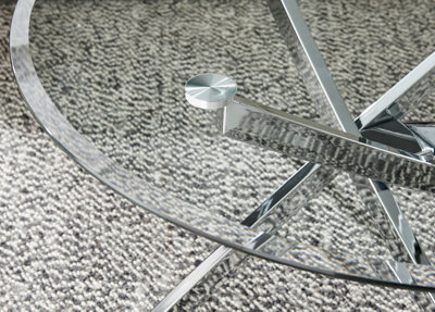 Novara Round Glass Coffee Table with Angled Starburst Silver Chrome Metal Legs for Modern Glam Minimalist Living Room