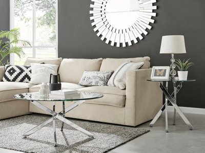 Novara Round Glass Coffee Table with Angled Starburst Silver Chrome Metal Legs for Modern Glam Minimalist Living Room
