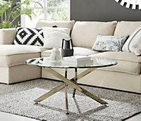 Novara Round Tempered Glass Coffee Table with Angled Starburst Gold Metal Legs for Modern Glam Living Room