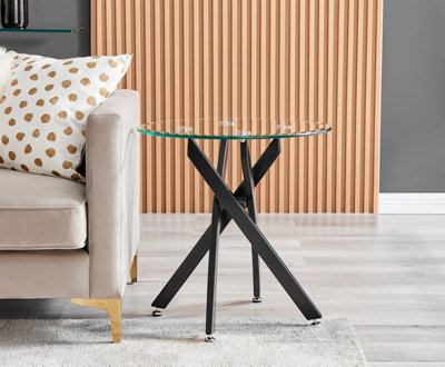Novara Round Tempered Glass Side End Table with Angled Starburst Black Metal Legs for Modern Industrial Living Room