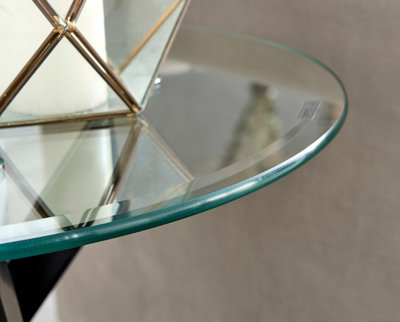 Novara Round Tempered Glass Side End Table with Angled Starburst Black Metal Legs for Modern Industrial Living Room