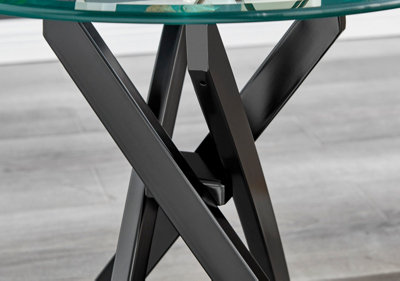 Novara Round Tempered Glass Side End Table with Angled Starburst Black Metal Legs for Modern Industrial Living Room