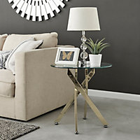 Novara Round Tempered Glass Side End Table with Angled Starburst Gold Chrome Metal Legs for Modern Glam Living Room