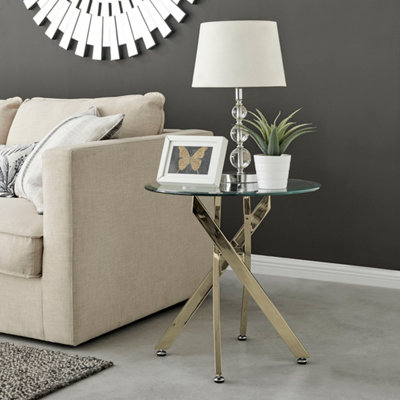 Novara Round Tempered Glass Side End Table with Angled Starburst Gold Chrome Metal Legs for Modern Glam Living Room